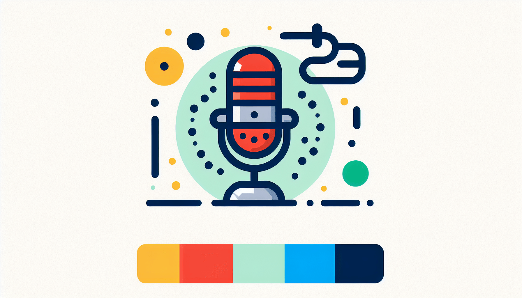 AI voice over -> Microphone in flat illustration style and white background, red #f47574, green #88c7a8, yellow #fcc44b, and blue #645bc8 colors.