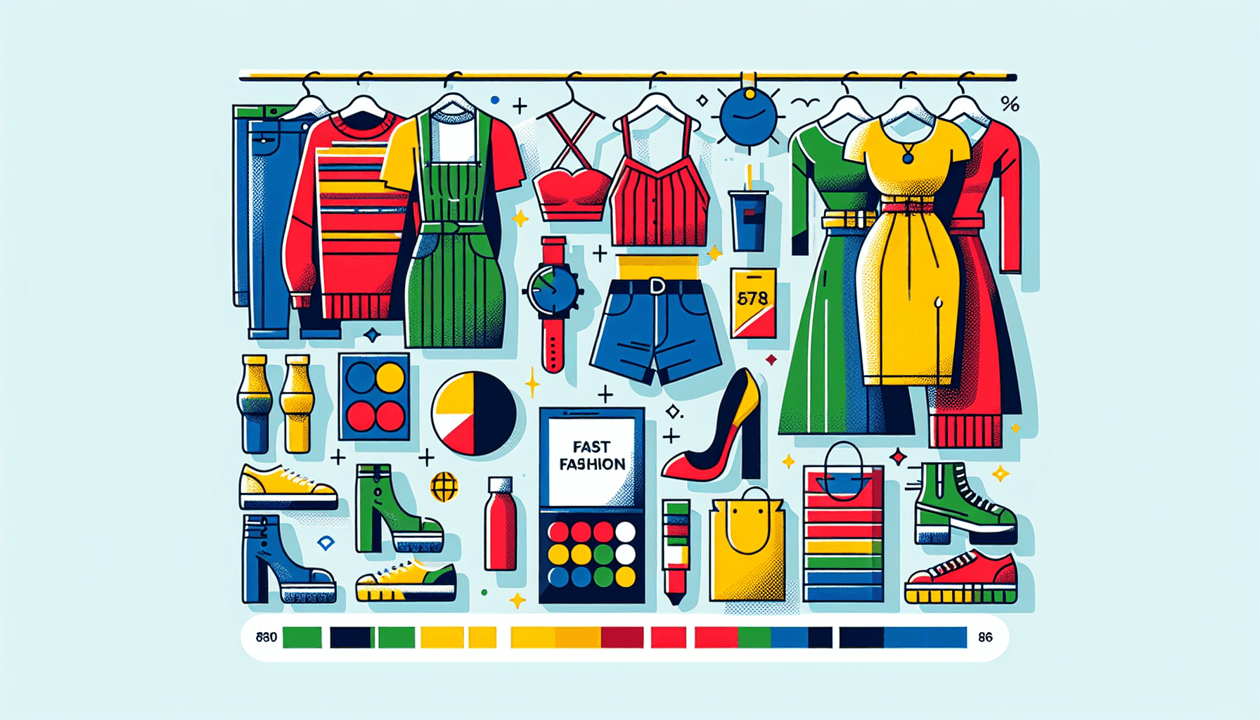 Fast fashion in flat illustration style and white background, red #f47574, green #88c7a8, yellow #fcc44b, and blue #645bc8 colors.