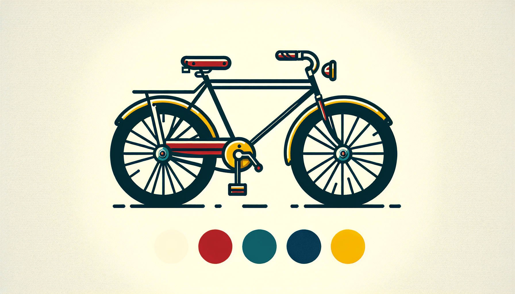 Bicycles -> Pedal bike in flat illustration style and white background, red #f47574, green #88c7a8, yellow #fcc44b, and blue #645bc8 colors.