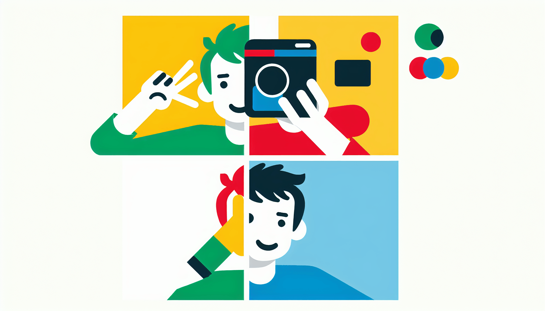 Personal use -> Selfie in flat illustration style and white background, red #f47574, green #88c7a8, yellow #fcc44b, and blue #645bc8 colors.