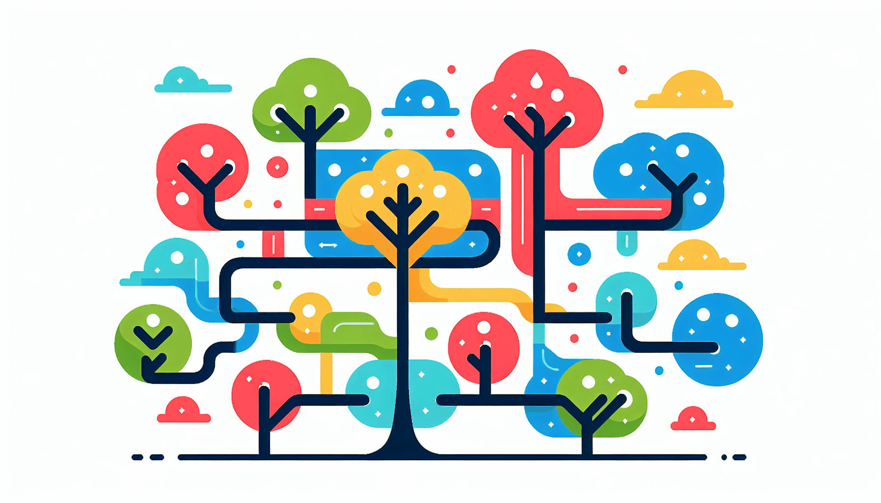 Decision tree in flat illustration style and white background, red #f47574, green #88c7a8, yellow #fcc44b, and blue #645bc8 colors.