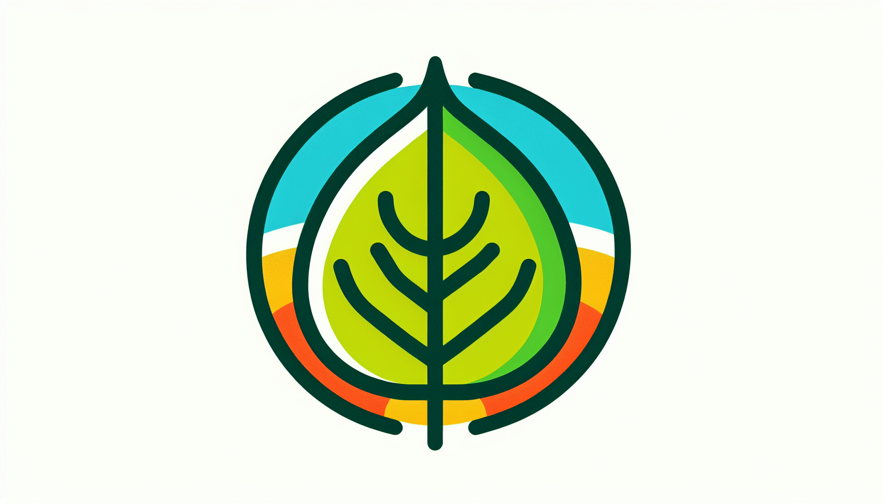 Sustainability -> Green leaf in flat illustration style and white background, red #f47574, green #88c7a8, yellow #fcc44b, and blue #645bc8 colors.