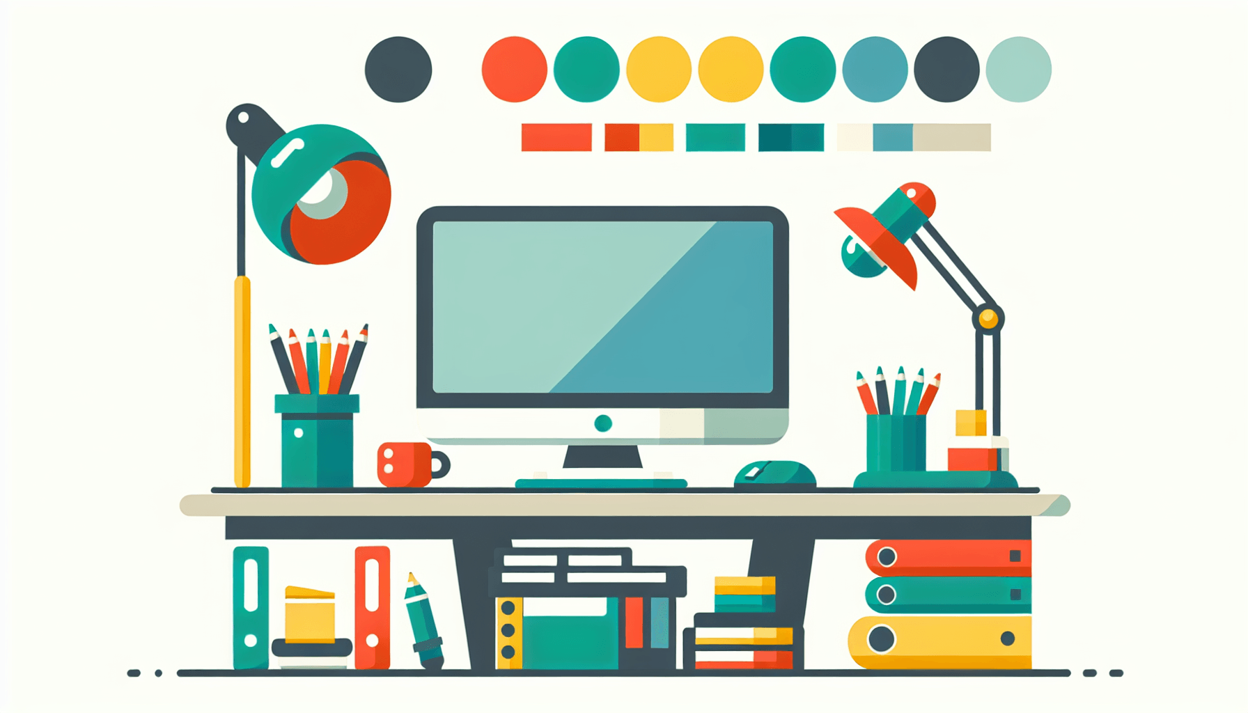 Business setting -> Office desk in flat illustration style and white background, red #f47574, green #88c7a8, yellow #fcc44b, and blue #645bc8 colors.