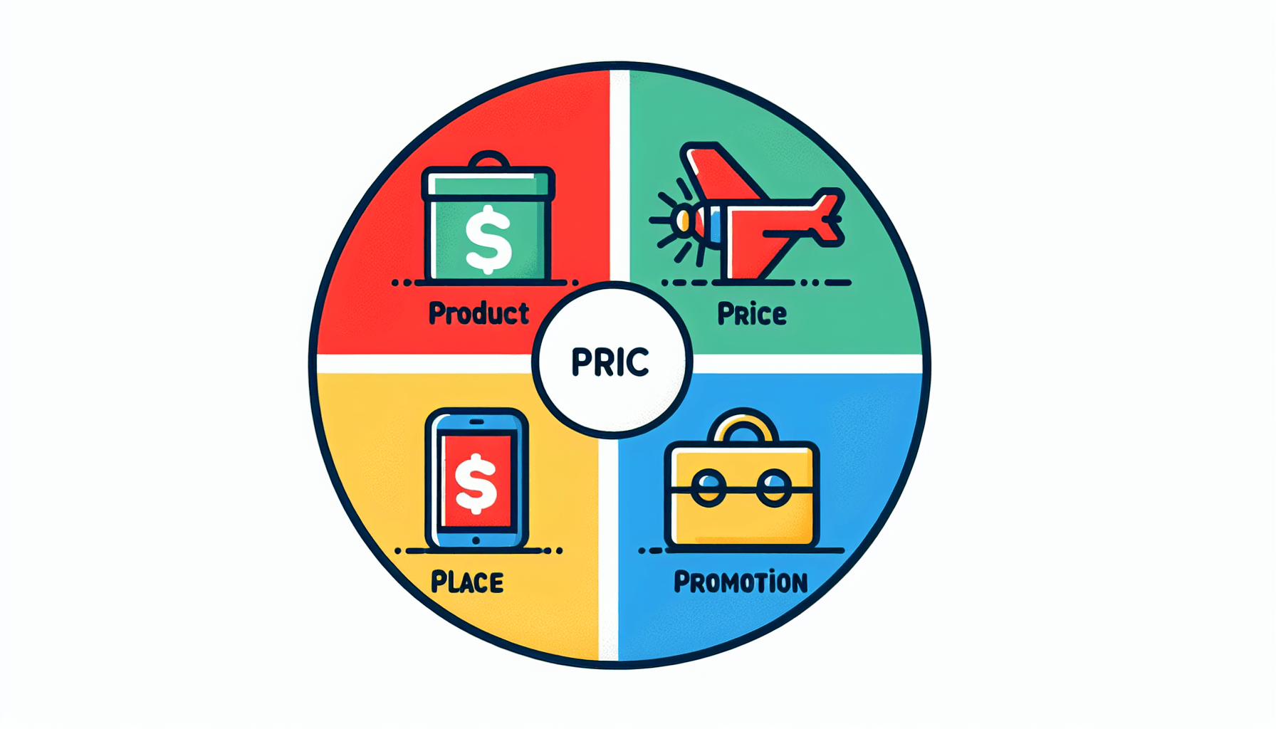 Nike's 4 P's -> Marketing mix in flat illustration style and white background, red #f47574, green #88c7a8, yellow #fcc44b, and blue #645bc8 colors.