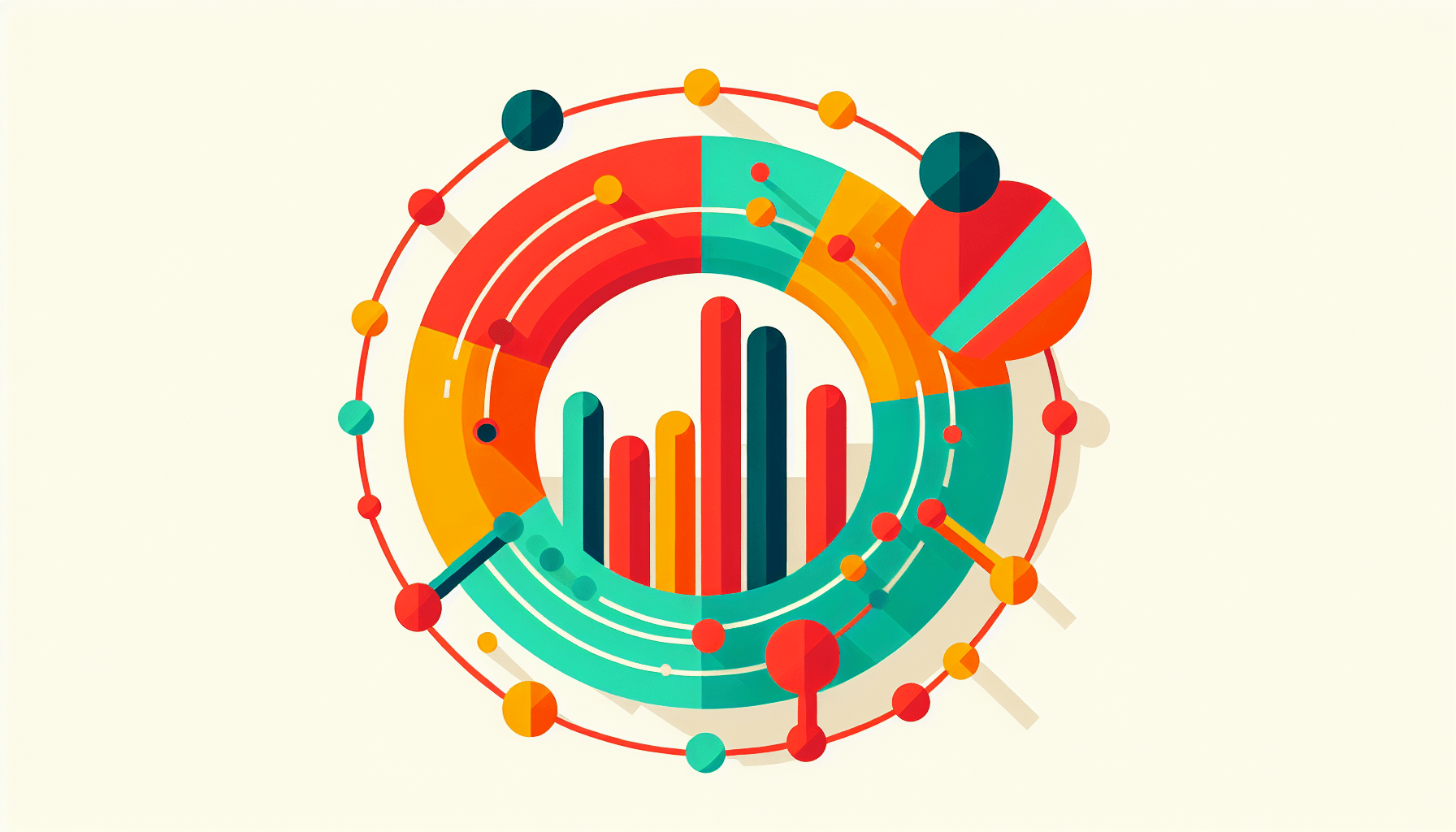 Data graph in flat illustration style and white background, red #f47574, green #88c7a8, yellow #fcc44b, and blue #645bc8 colors.