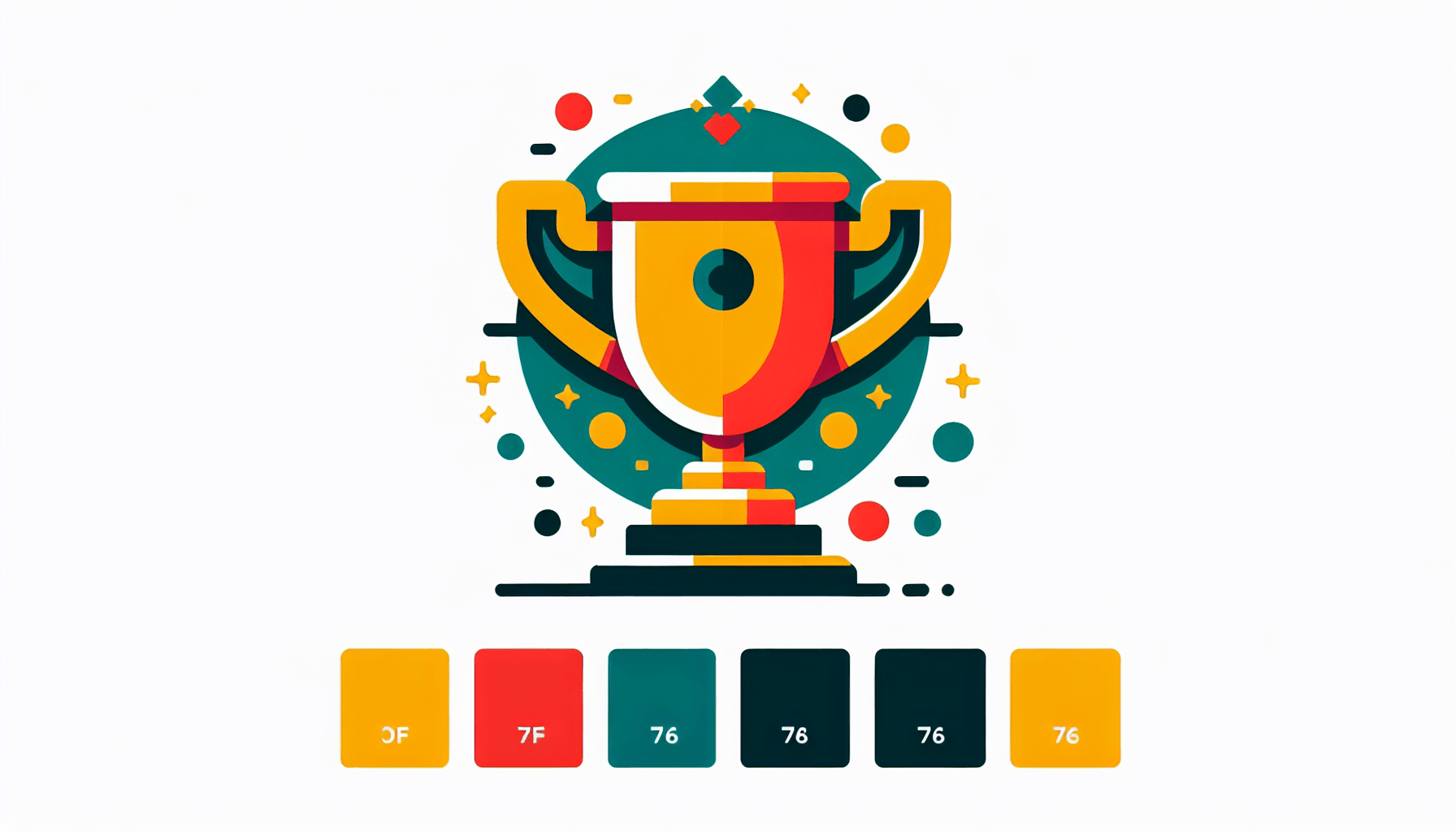 Success -> Trophy in flat illustration style and white background, red #f47574, green #88c7a8, yellow #fcc44b, and blue #645bc8 colors.