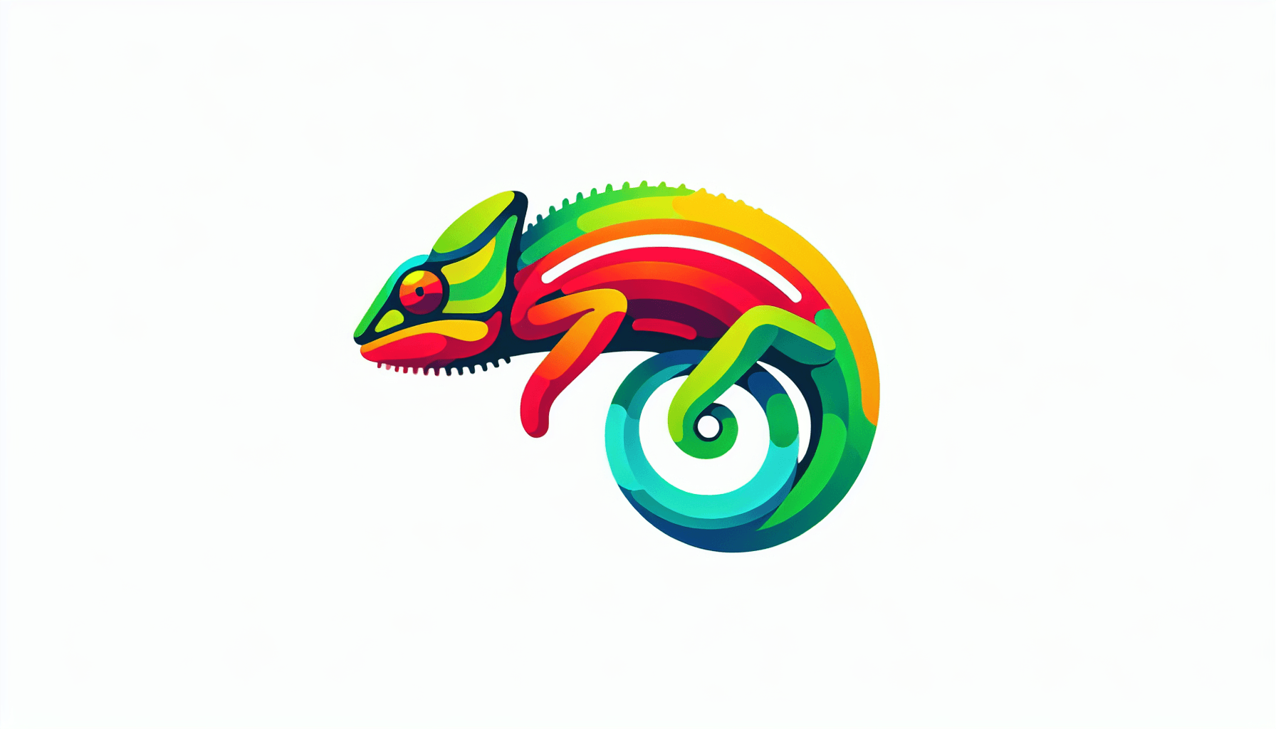 AI Tools Adaptation -> Chameleon in flat illustration style and white background, red #f47574, green #88c7a8, yellow #fcc44b, and blue #645bc8 colors.