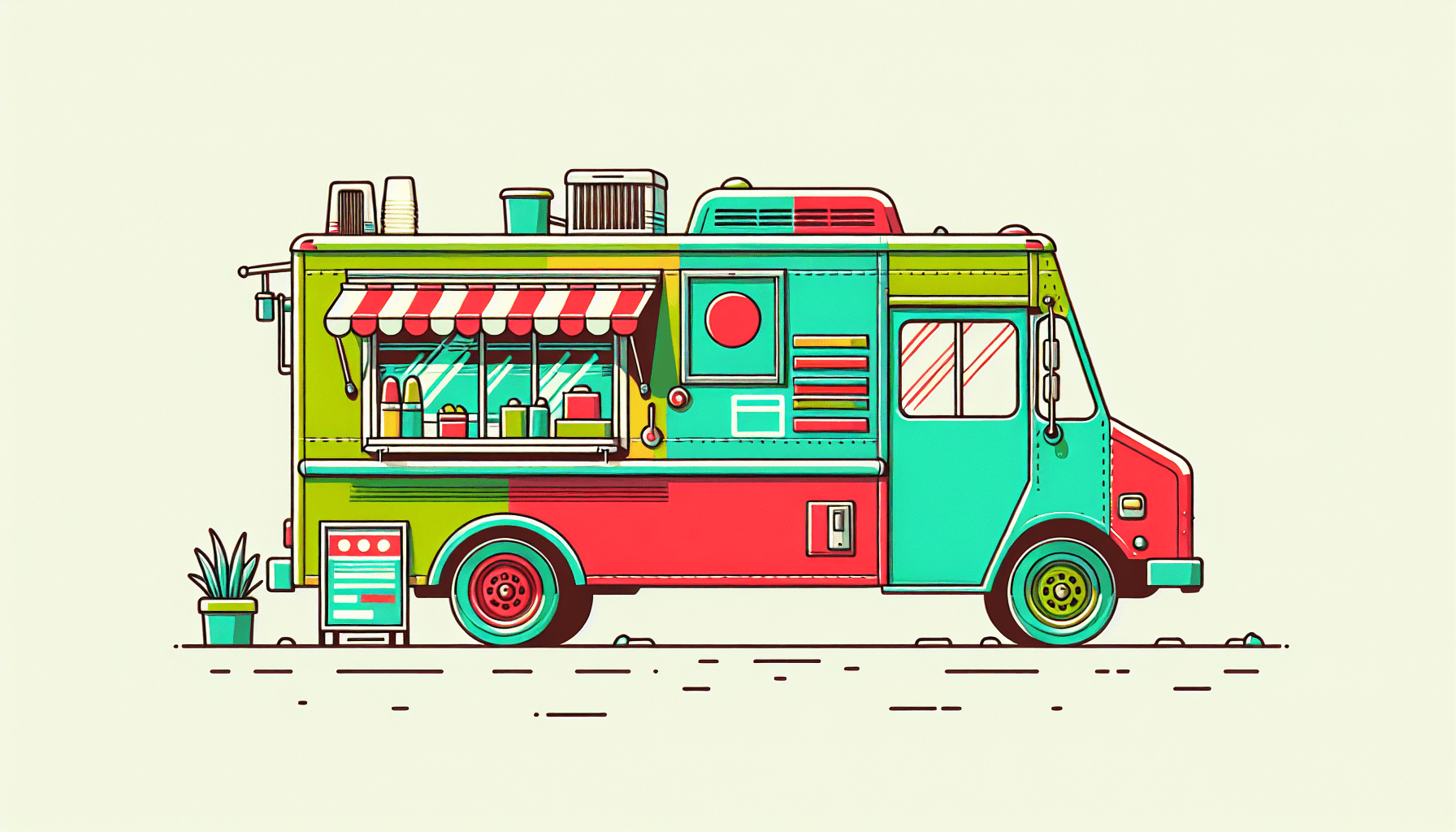 Catering -> Food truck in flat illustration style and white background, red #f47574, green #88c7a8, yellow #fcc44b, and blue #645bc8 colors.