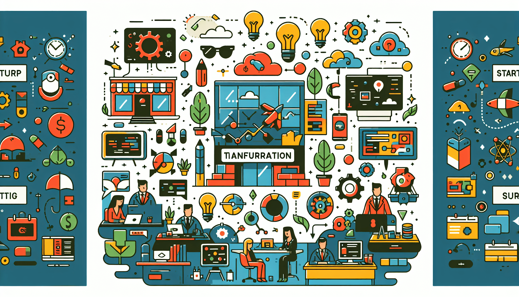 Small business -> Startup incubator in flat illustration style and white background, red #f47574, green #88c7a8, yellow #fcc44b, and blue #645bc8 colors.