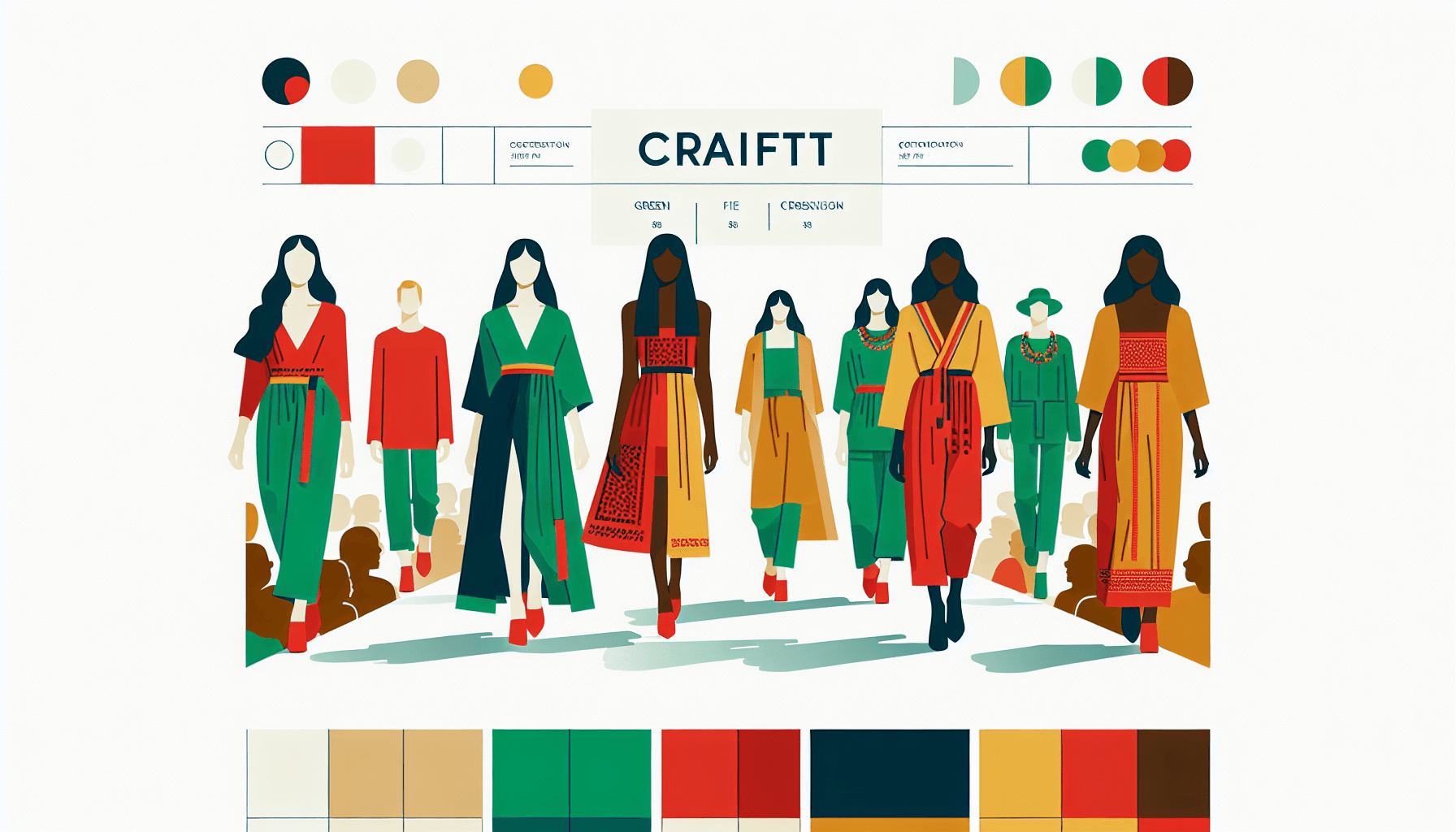 Fashion -> Runway in flat illustration style and white background, red #f47574, green #88c7a8, yellow #fcc44b, and blue #645bc8 colors.