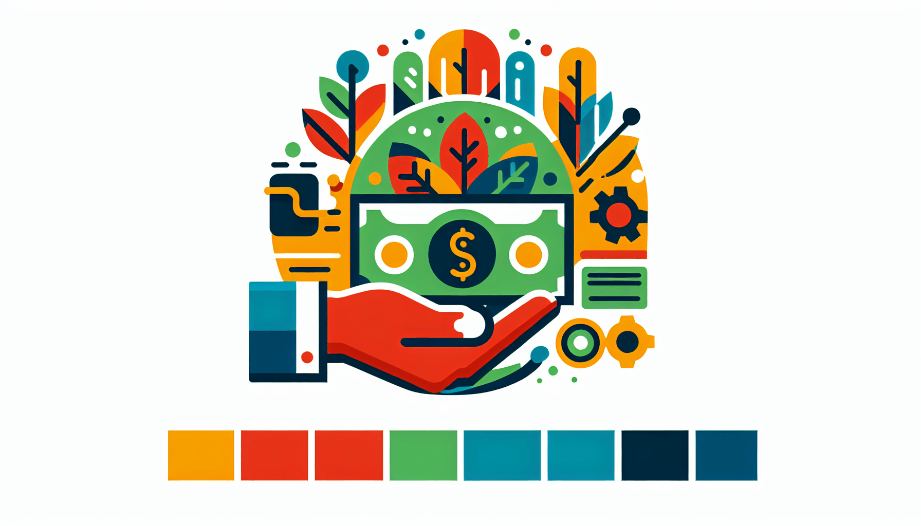 Low-cost provider in flat illustration style and white background, red #f47574, green #88c7a8, yellow #fcc44b, and blue #645bc8 colors.
