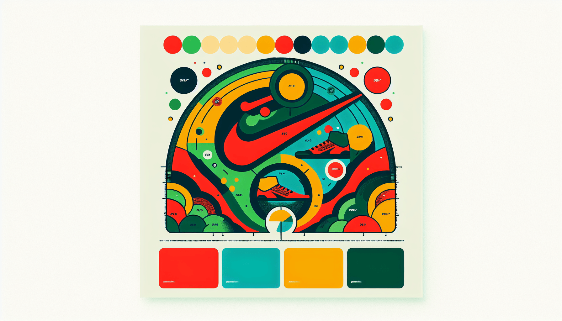 Competitive strategy of Nike -> Market leader in flat illustration style and white background, red #f47574, green #88c7a8, yellow #fcc44b, and blue #645bc8 colors.