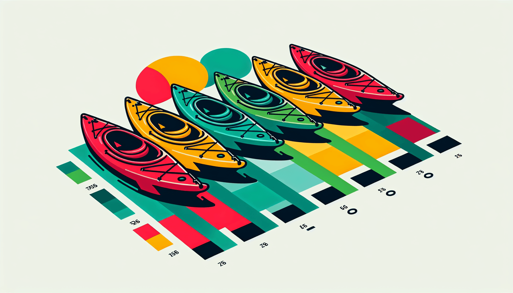 Kayaks -> Watercraft in flat illustration style and white background, red #f47574, green #88c7a8, yellow #fcc44b, and blue #645bc8 colors.