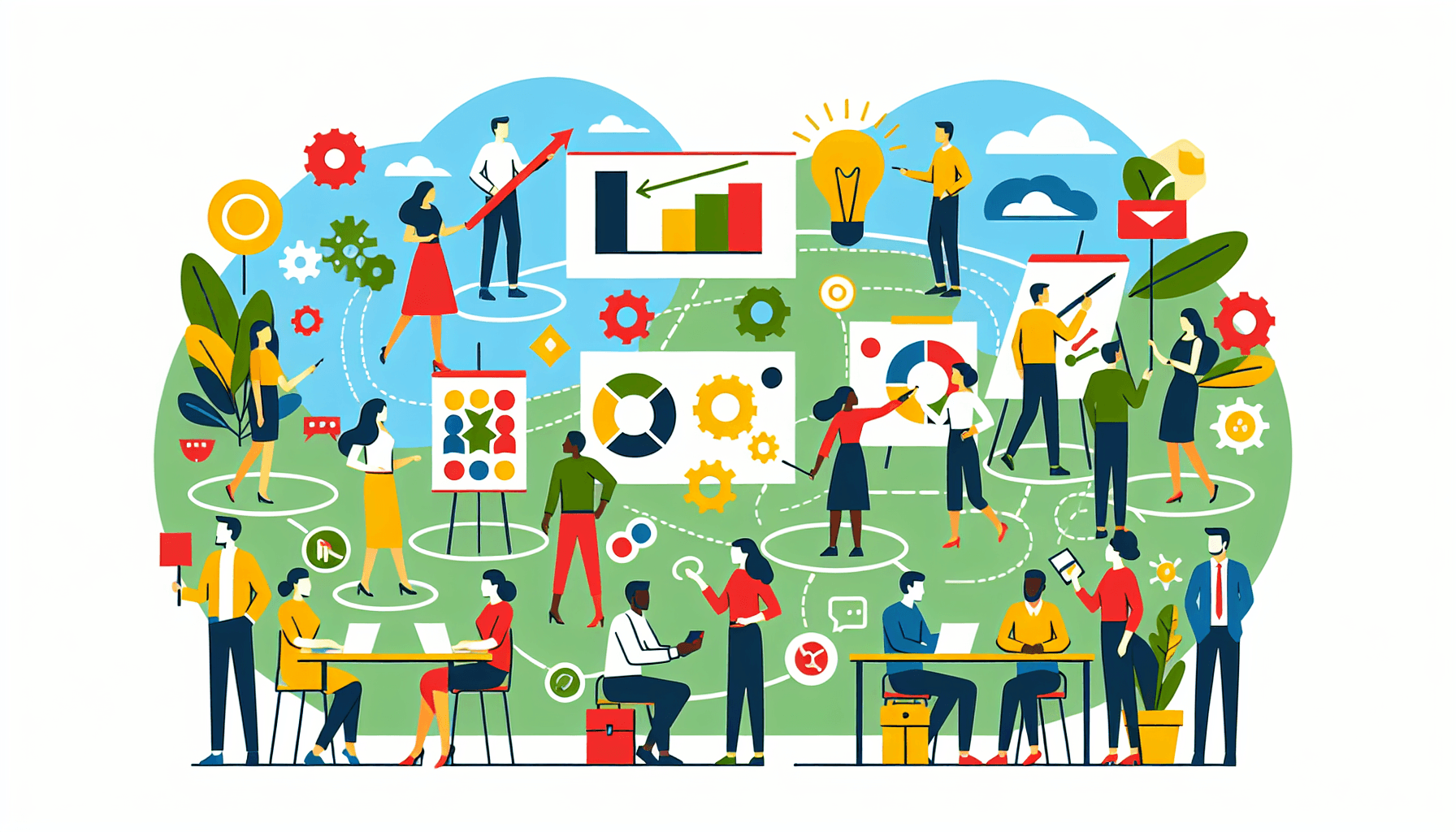 Collaborative marketing in flat illustration style and white background, red #f47574, green #88c7a8, yellow #fcc44b, and blue #645bc8 colors.