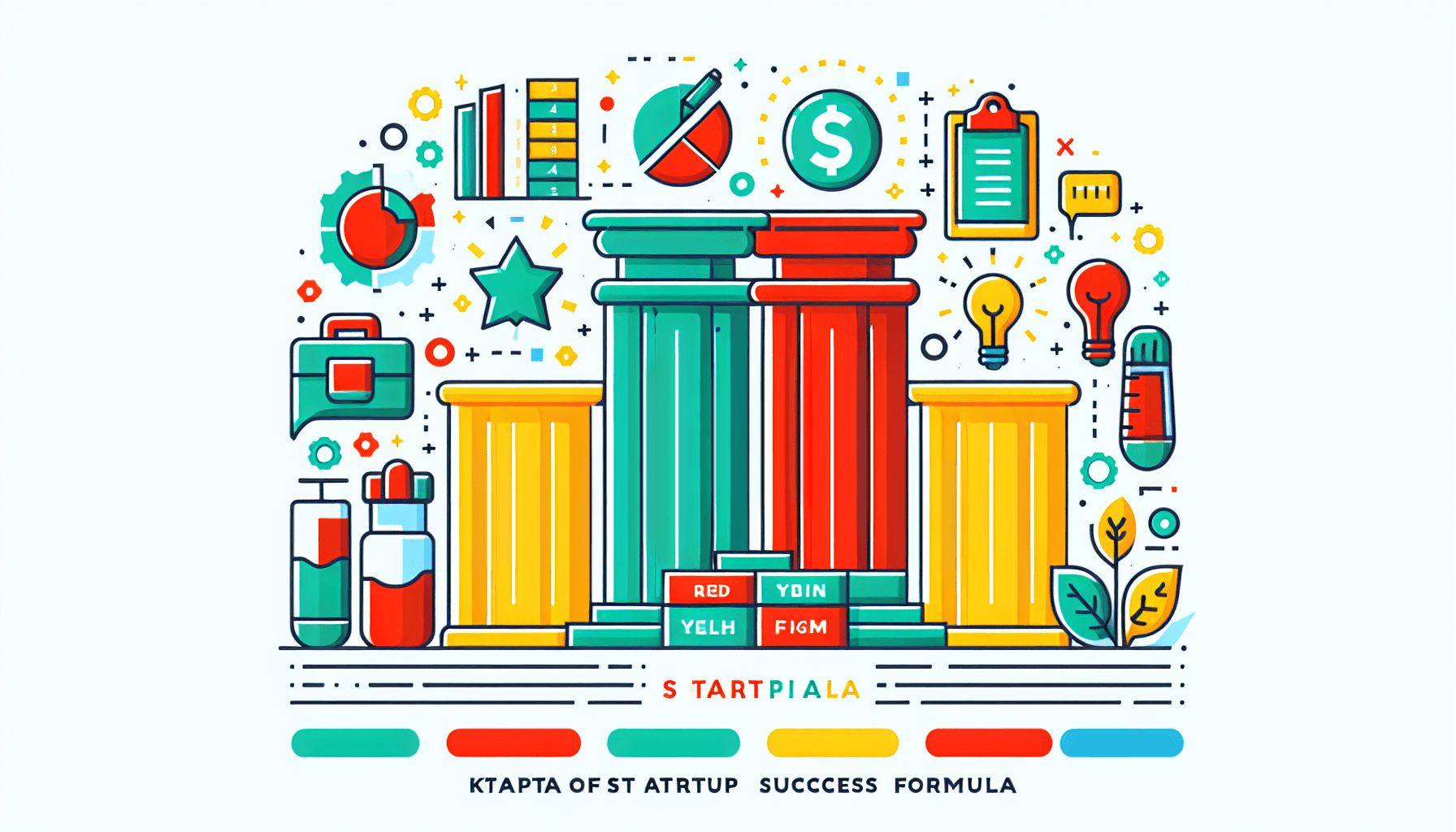 What are the key pillars of startup success formula? in flat illustration style and white background, red #f47574, green #88c7a8, yellow #fcc44b, and blue #645bc8 colors.