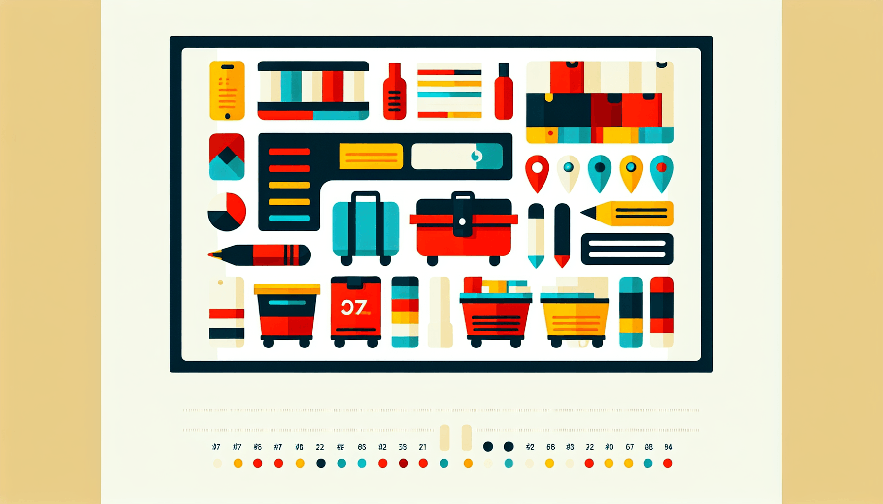 Inventory in flat illustration style and white background, red #f47574, green #88c7a8, yellow #fcc44b, and blue #645bc8 colors.