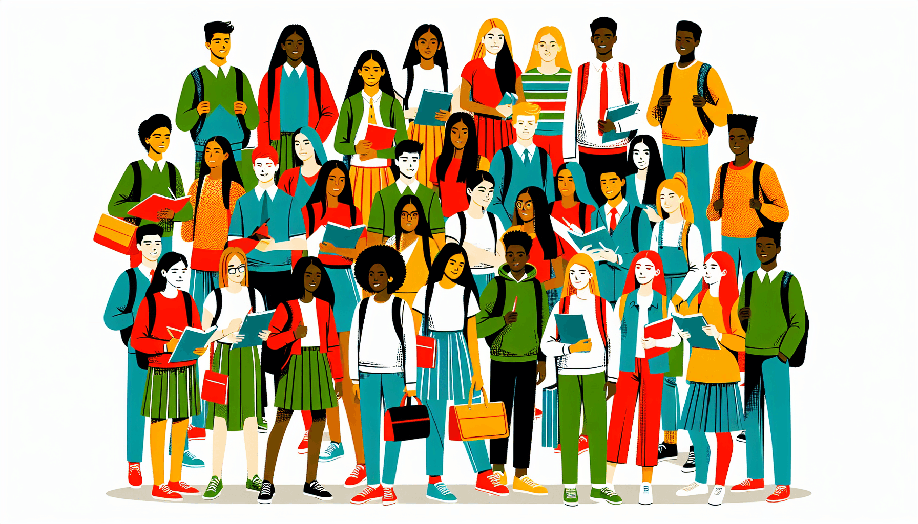 Students in flat illustration style and white background, red #f47574, green #88c7a8, yellow #fcc44b, and blue #645bc8 colors.