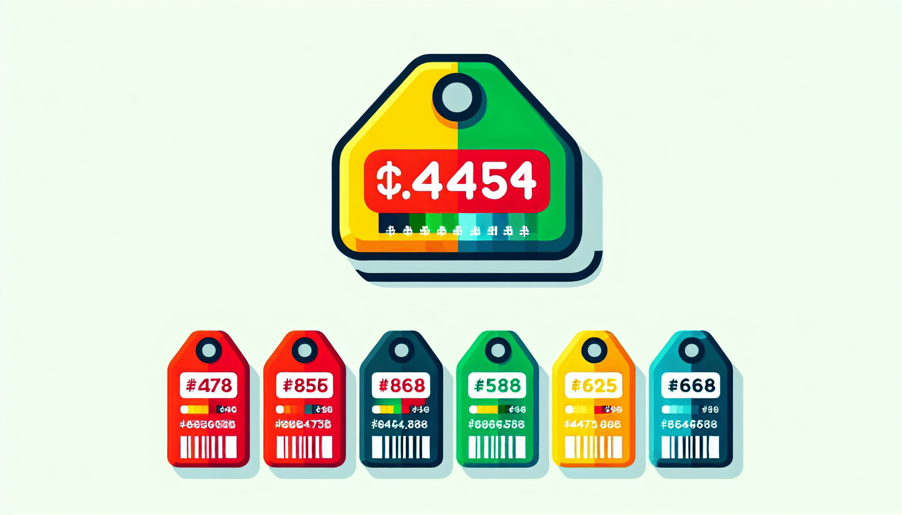 Cost -> Price tag in flat illustration style and white background, red #f47574, green #88c7a8, yellow #fcc44b, and blue #645bc8 colors.