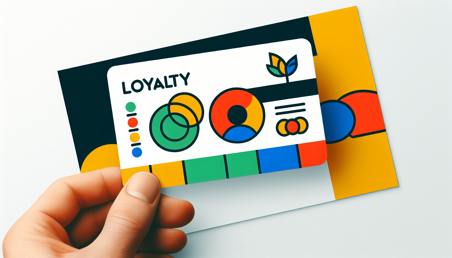 Loyalty card in flat illustration style and white background, red #f47574, green #88c7a8, yellow #fcc44b, and blue #645bc8 colors.