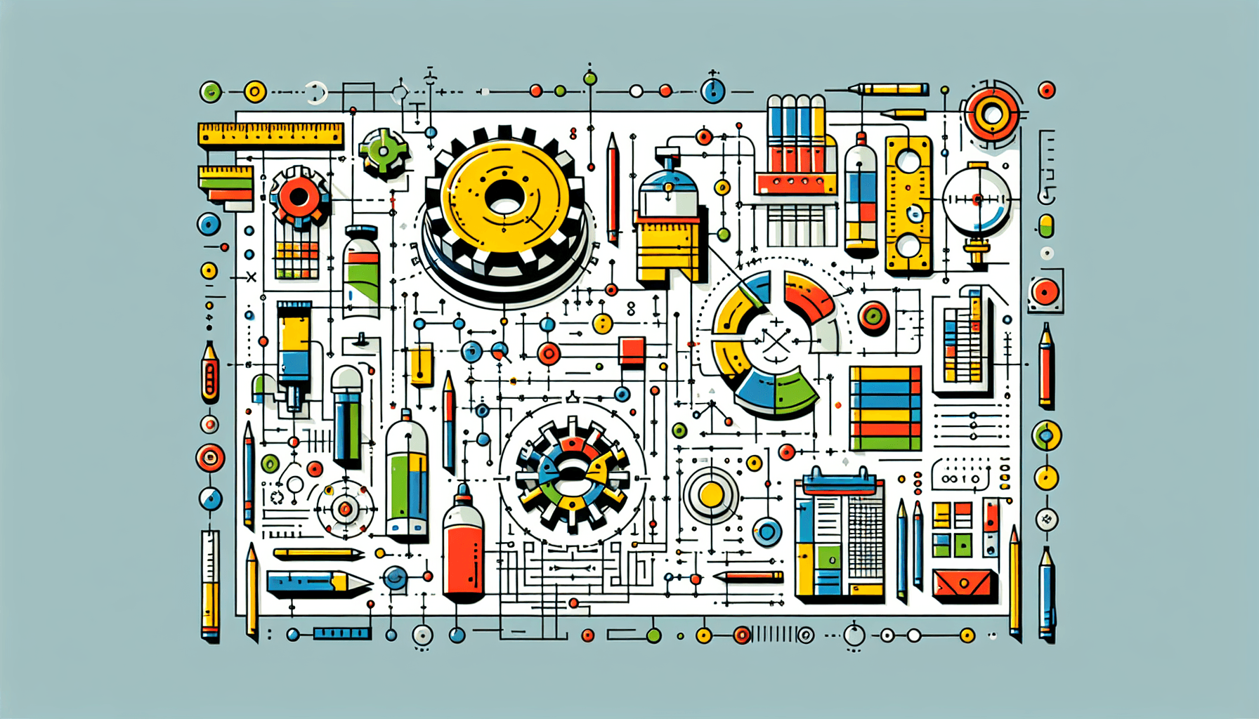 Digital blueprint in flat illustration style and white background, red #f47574, green #88c7a8, yellow #fcc44b, and blue #645bc8 colors.