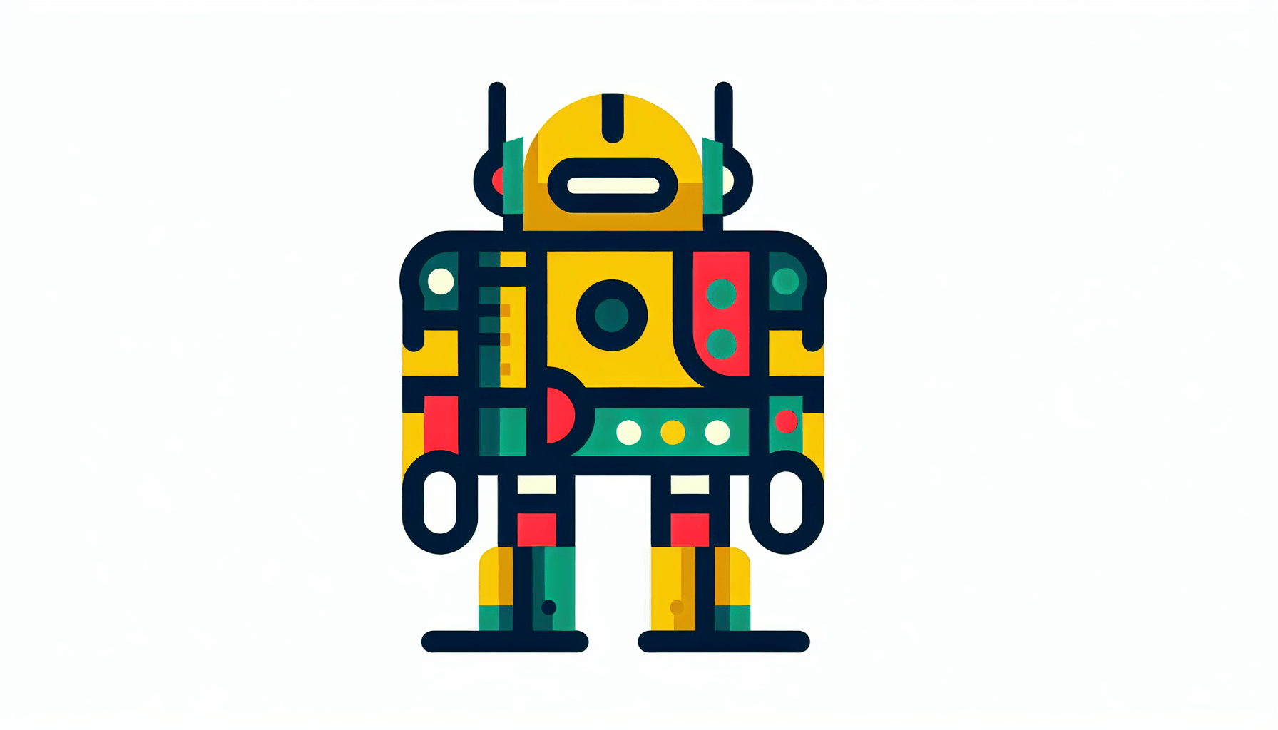 Voice AI -> Robot in flat illustration style and white background, red #f47574, green #88c7a8, yellow #fcc44b, and blue #645bc8 colors.