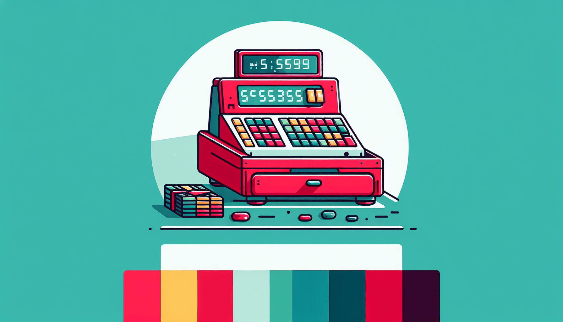 Revenue -> Cash register in flat illustration style and white background, red #f47574, green #88c7a8, yellow #fcc44b, and blue #645bc8 colors.