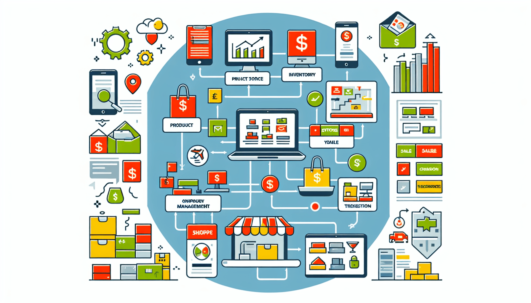 Shopify strategy -> Business model in flat illustration style and white background, red #f47574, green #88c7a8, yellow #fcc44b, and blue #645bc8 colors.