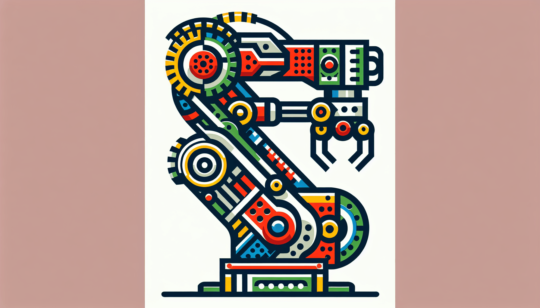 Robot arm in flat illustration style and white background, red #f47574, green #88c7a8, yellow #fcc44b, and blue #645bc8 colors.