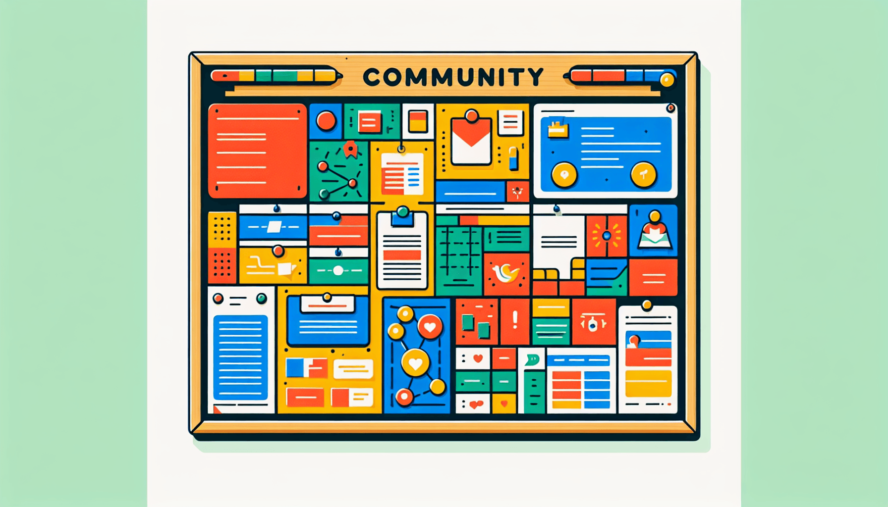 Community board in flat illustration style and white background, red #f47574, green #88c7a8, yellow #fcc44b, and blue #645bc8 colors.