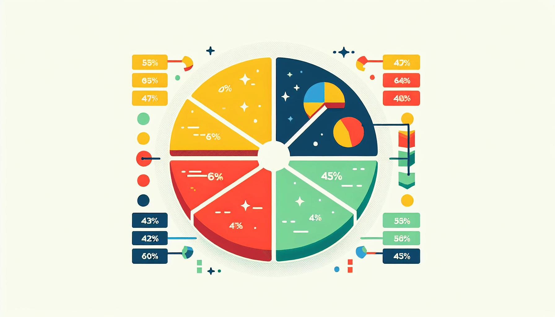 Market share in flat illustration style and white background, red #f47574, green #88c7a8, yellow #fcc44b, and blue #645bc8 colors.