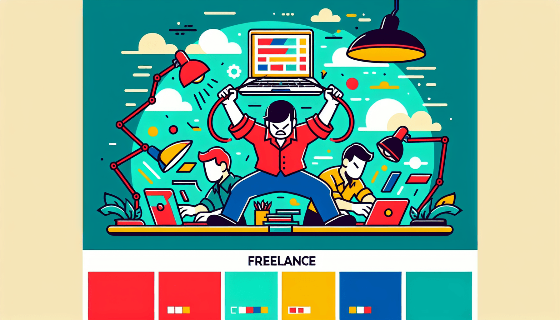 Freelancer hustle -> Laptop in flat illustration style and white background, red #f47574, green #88c7a8, yellow #fcc44b, and blue #645bc8 colors.