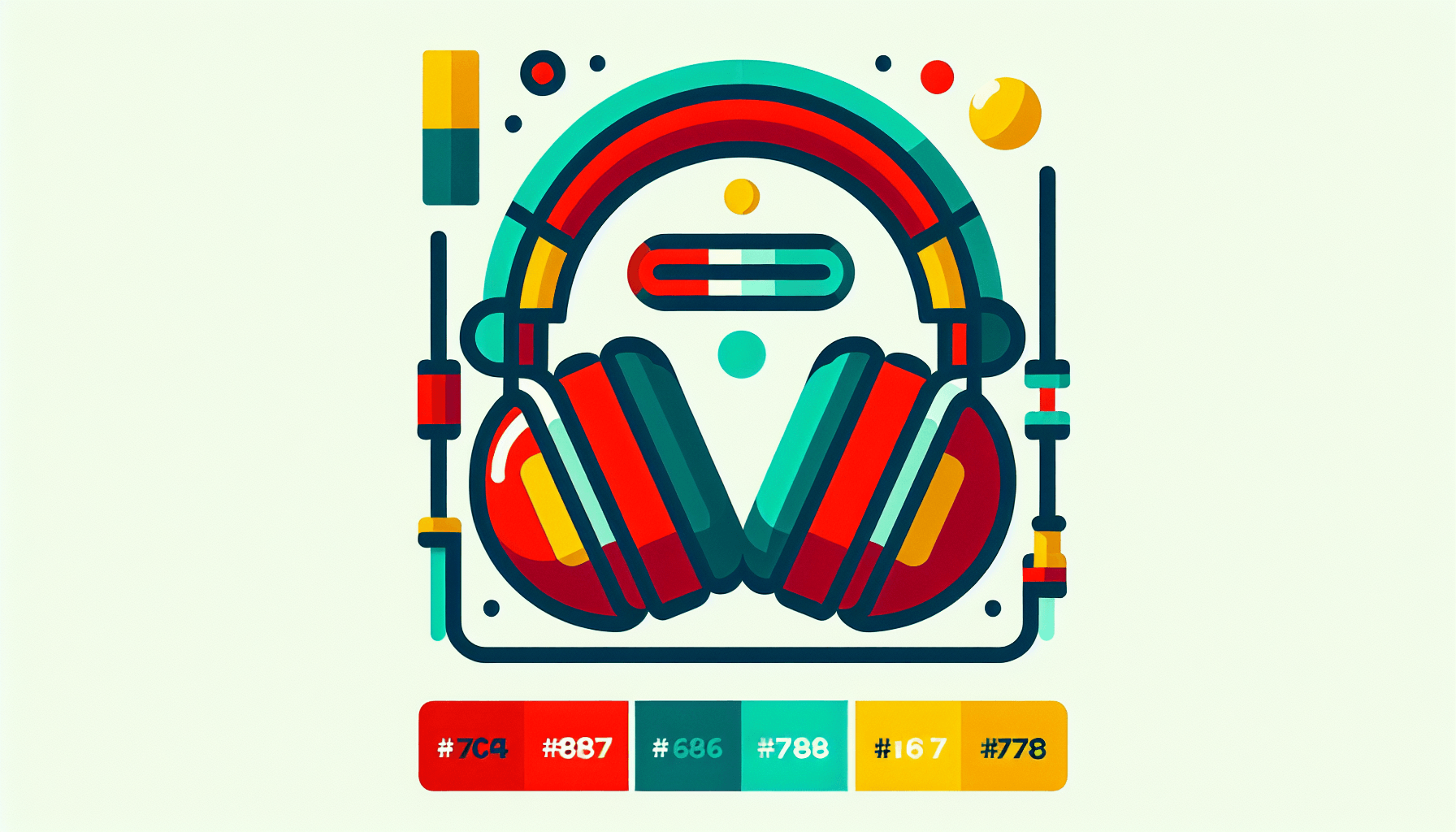 Target audience -> Headphones in flat illustration style and white background, red #f47574, green #88c7a8, yellow #fcc44b, and blue #645bc8 colors.
