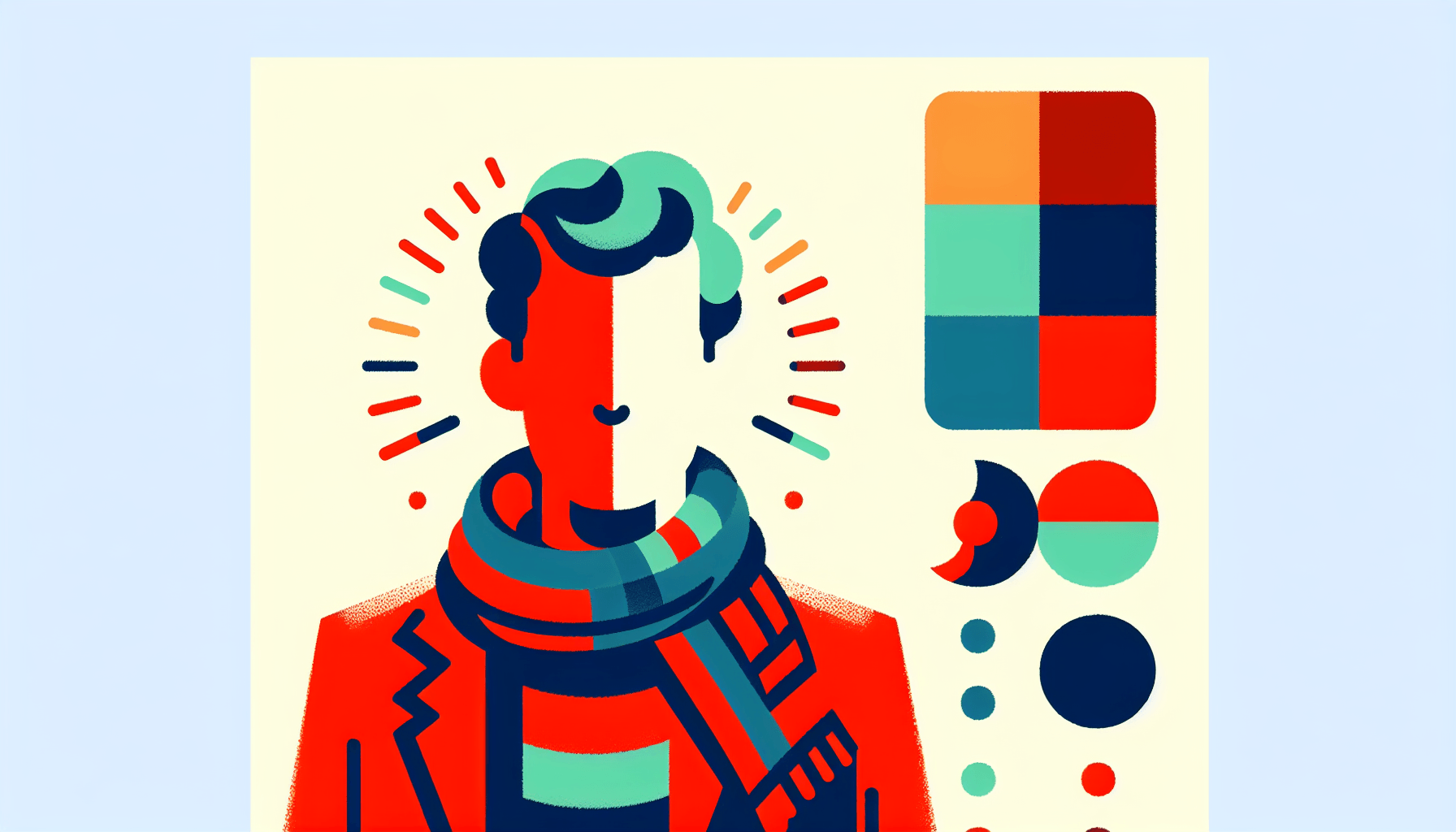 Video description -> Narrator in flat illustration style and white background, red #f47574, green #88c7a8, yellow #fcc44b, and blue #645bc8 colors.