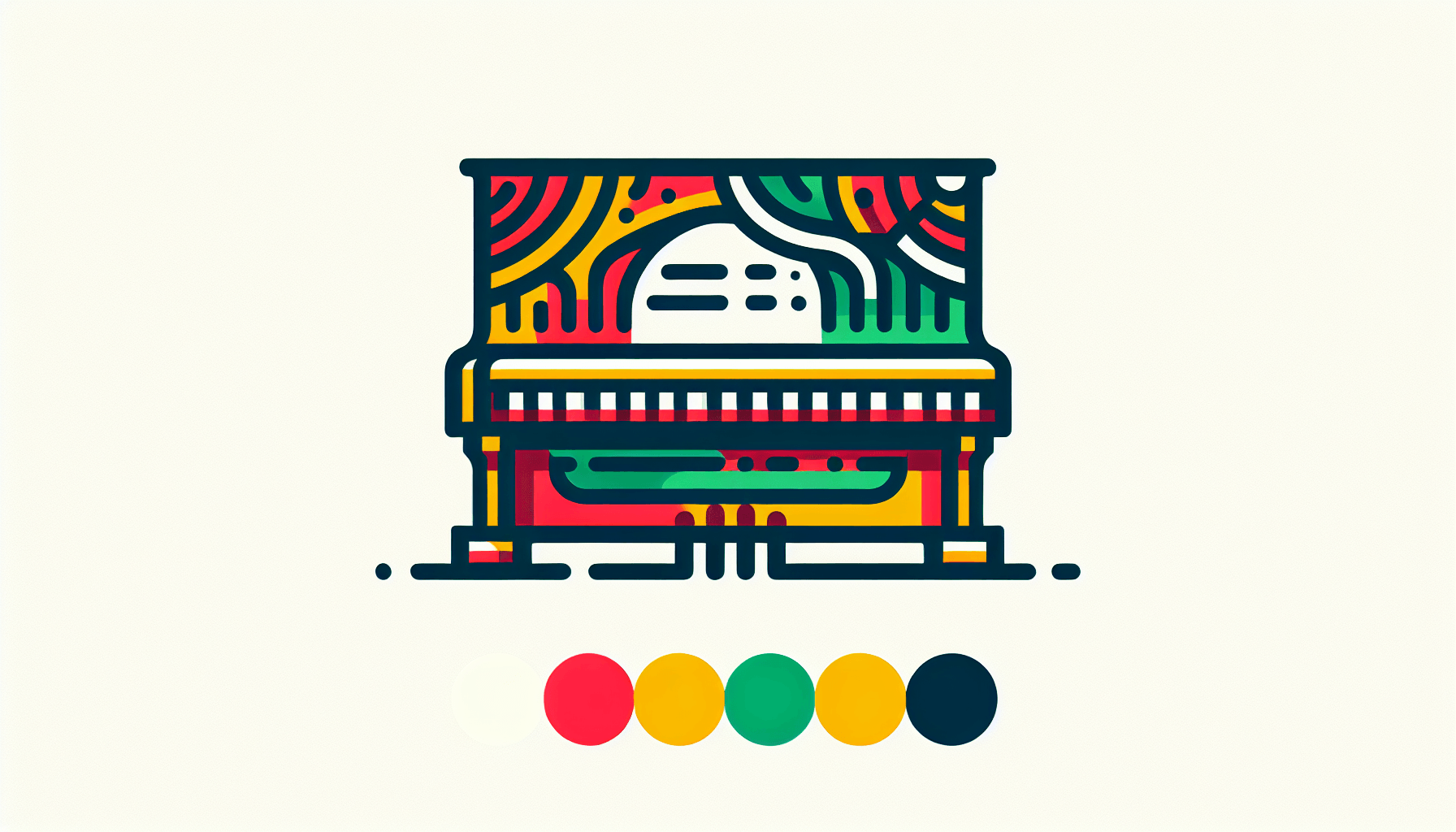 Piano in flat illustration style and white background, red #f47574, green #88c7a8, yellow #fcc44b, and blue #645bc8 colors.