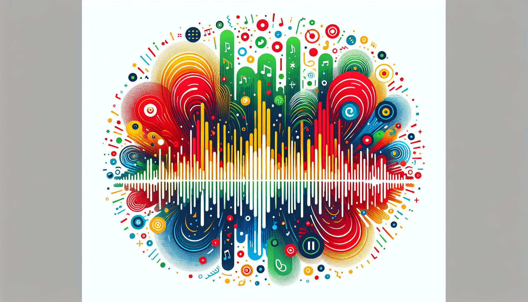 Spotify success -> Sound waves in flat illustration style and white background, red #f47574, green #88c7a8, yellow #fcc44b, and blue #645bc8 colors.