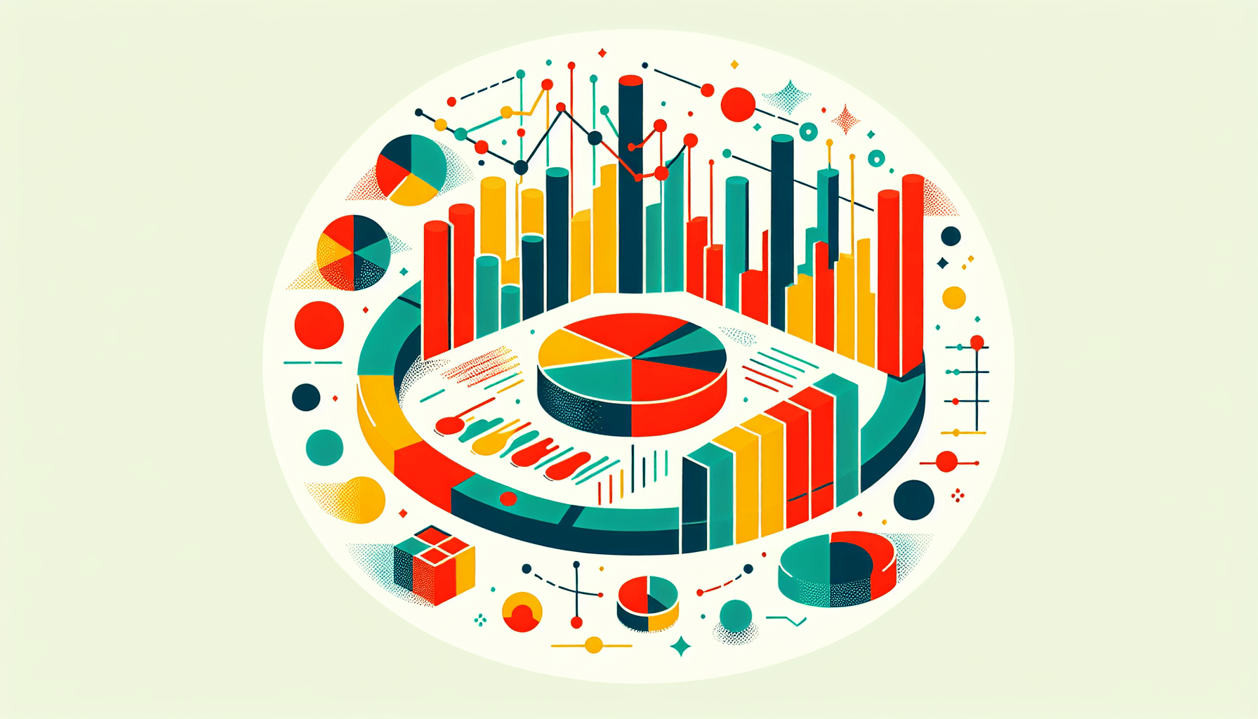 Data visualization in flat illustration style and white background, red #f47574, green #88c7a8, yellow #fcc44b, and blue #645bc8 colors.
