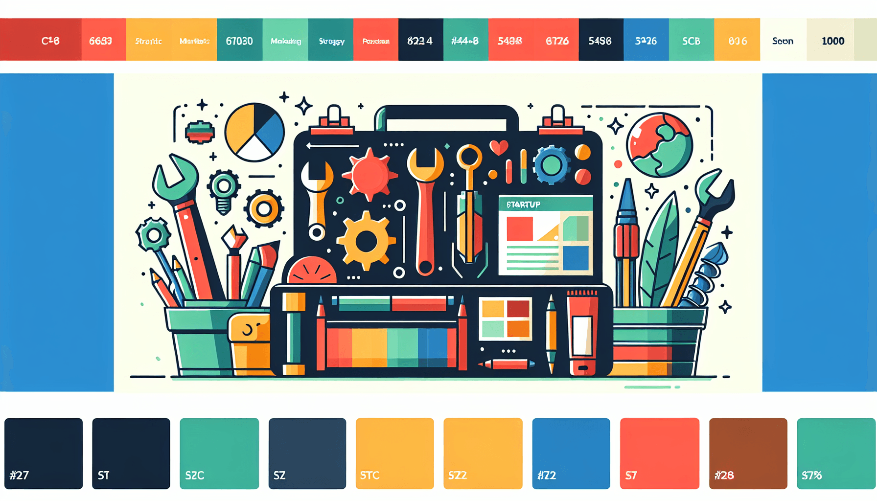 Startup toolbox in flat illustration style and white background, red #f47574, green #88c7a8, yellow #fcc44b, and blue #645bc8 colors.
