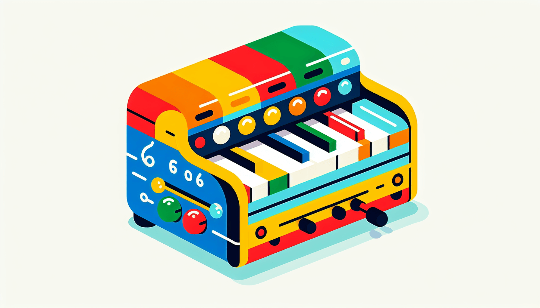 Melody box in flat illustration style and white background, red #f47574, green #88c7a8, yellow #fcc44b, and blue #645bc8 colors.