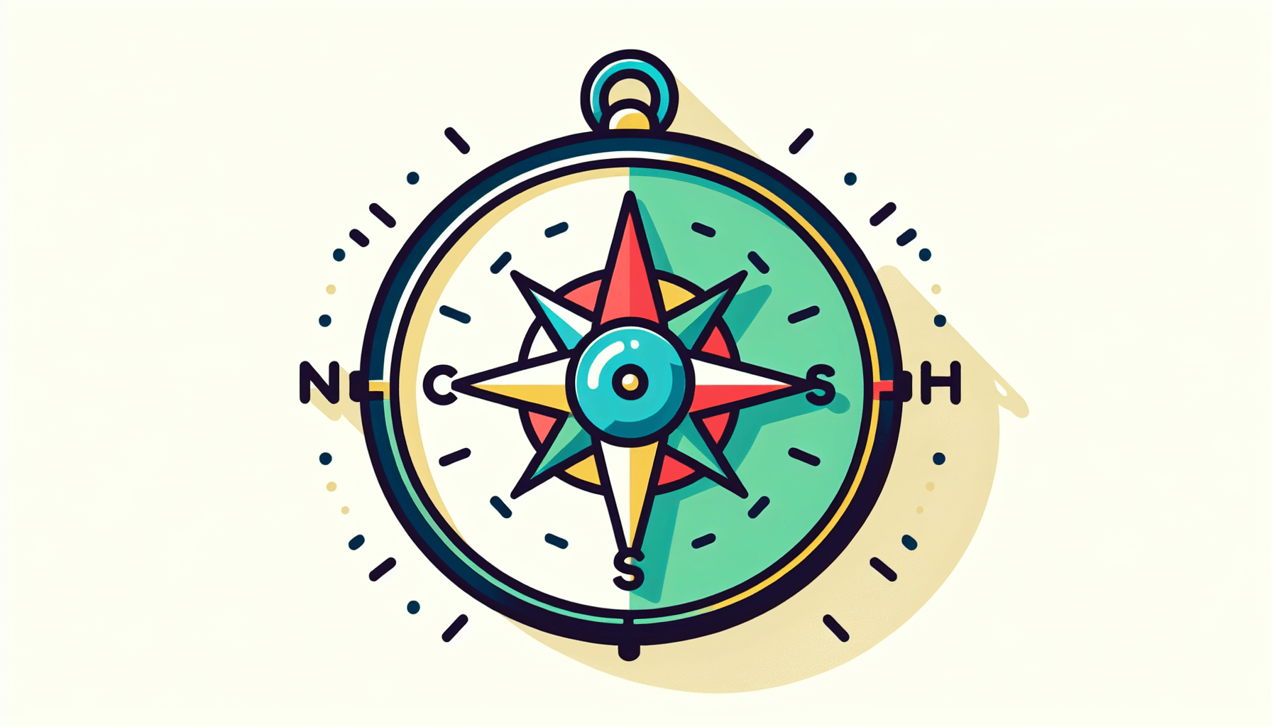 Compass in flat illustration style and white background, red #f47574, green #88c7a8, yellow #fcc44b, and blue #645bc8 colors.