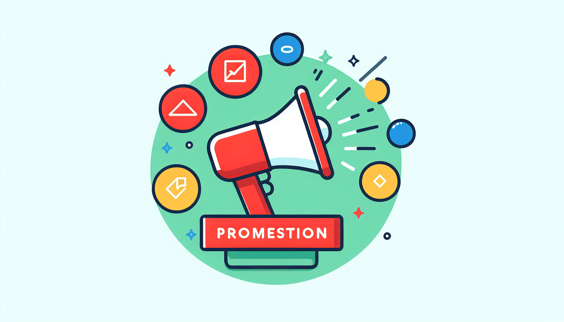 Business promotion -> Megaphone in flat illustration style and white background, red #f47574, green #88c7a8, yellow #fcc44b, and blue #645bc8 colors.