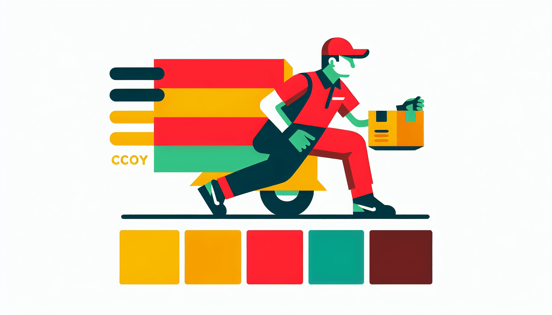 Delivery services -> Courier in flat illustration style and white background, red #f47574, green #88c7a8, yellow #fcc44b, and blue #645bc8 colors.