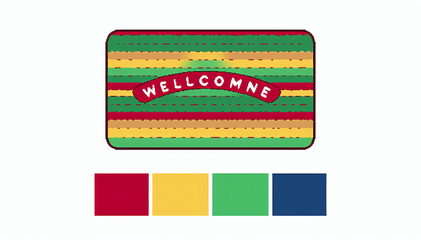 Hospitality -> Welcome mat in flat illustration style and white background, red #f47574, green #88c7a8, yellow #fcc44b, and blue #645bc8 colors.