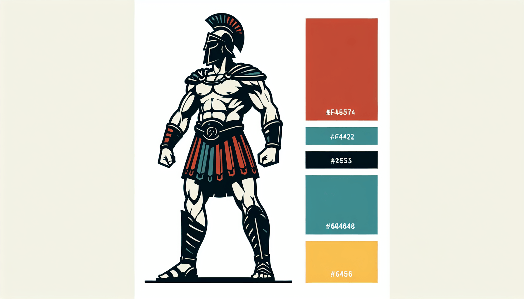 Rival -> Gladiator in flat illustration style and white background, red #f47574, green #88c7a8, yellow #fcc44b, and blue #645bc8 colors.