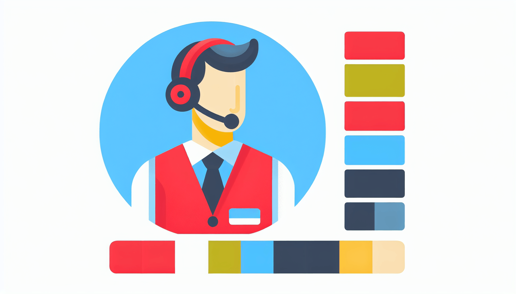 Customer service -> Headset in flat illustration style and white background, red #f47574, green #88c7a8, yellow #fcc44b, and blue #645bc8 colors.