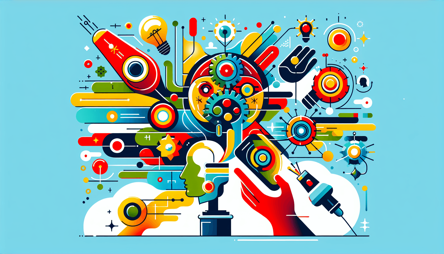 AI Tools Advantage -> Winning edge in flat illustration style and white background, red #f47574, green #88c7a8, yellow #fcc44b, and blue #645bc8 colors.
