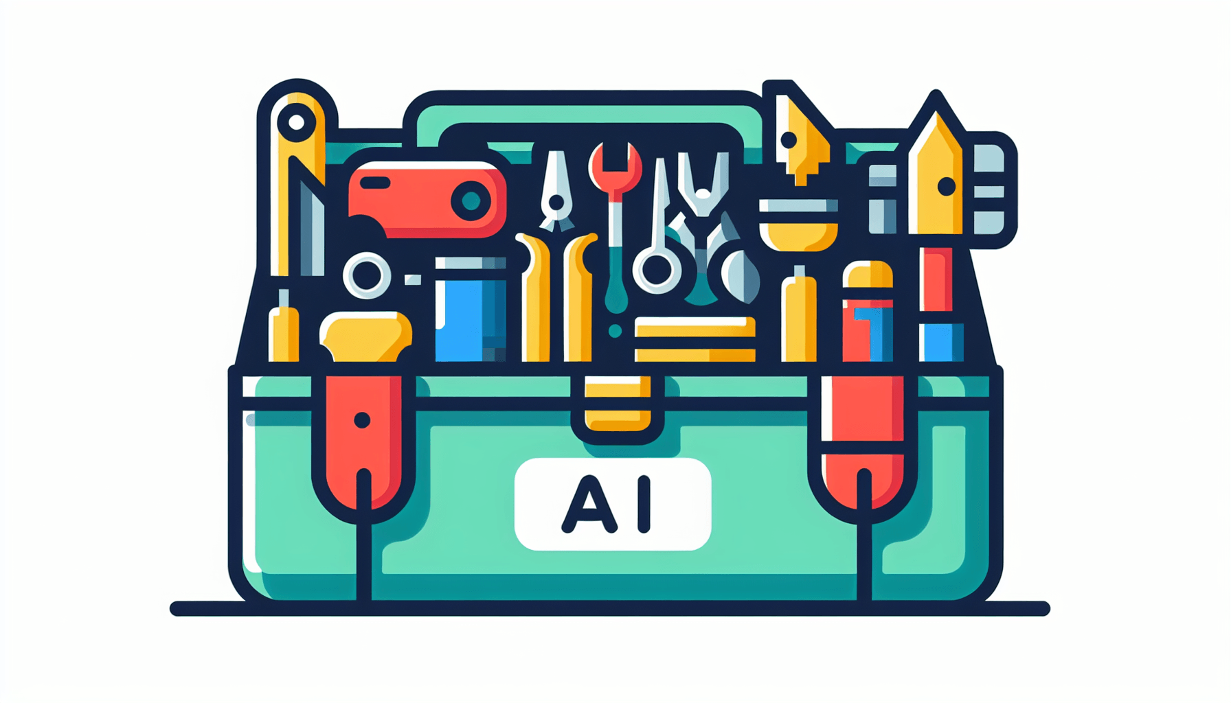 AI coding tools -> Toolbox in flat illustration style and white background, red #f47574, green #88c7a8, yellow #fcc44b, and blue #645bc8 colors.