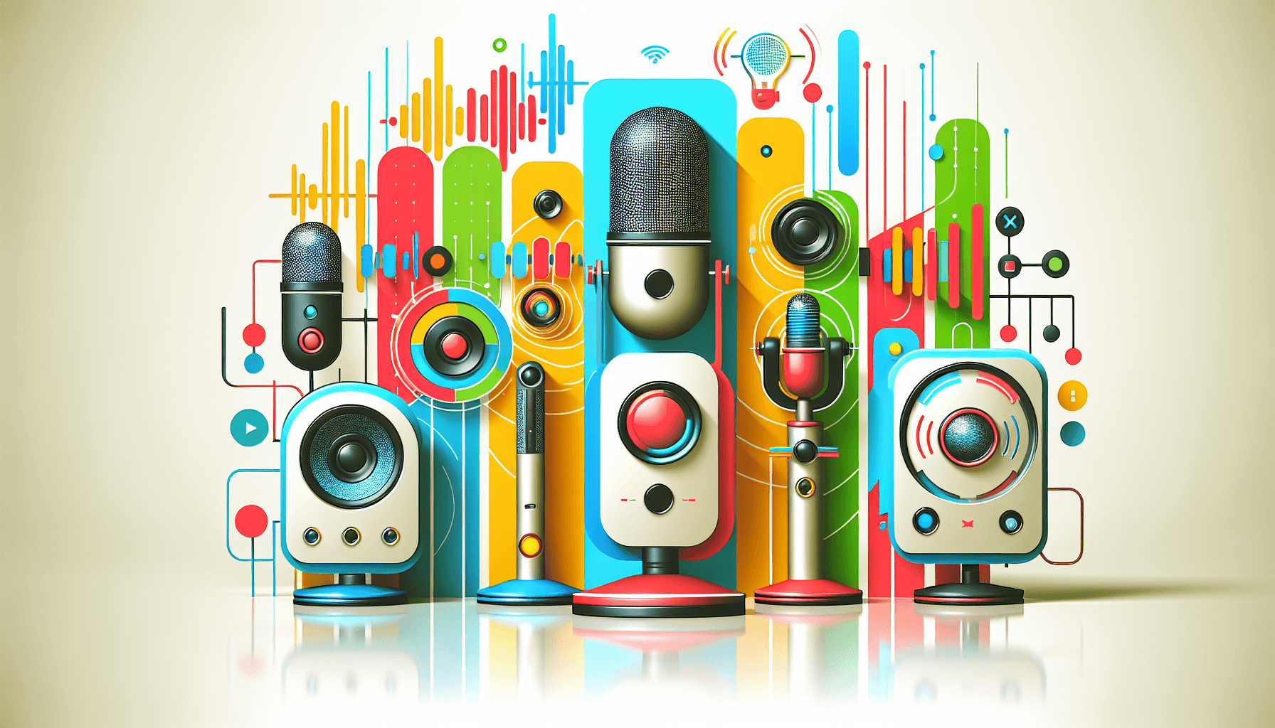 AI Voice Tools in flat illustration style and white background, red #f47574, green #88c7a8, yellow #fcc44b, and blue #645bc8 colors.