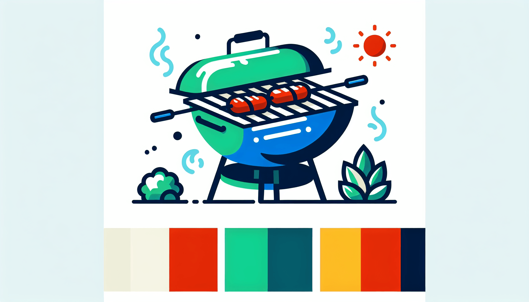 Barbecue -> Grill in flat illustration style and white background, red #f47574, green #88c7a8, yellow #fcc44b, and blue #645bc8 colors.