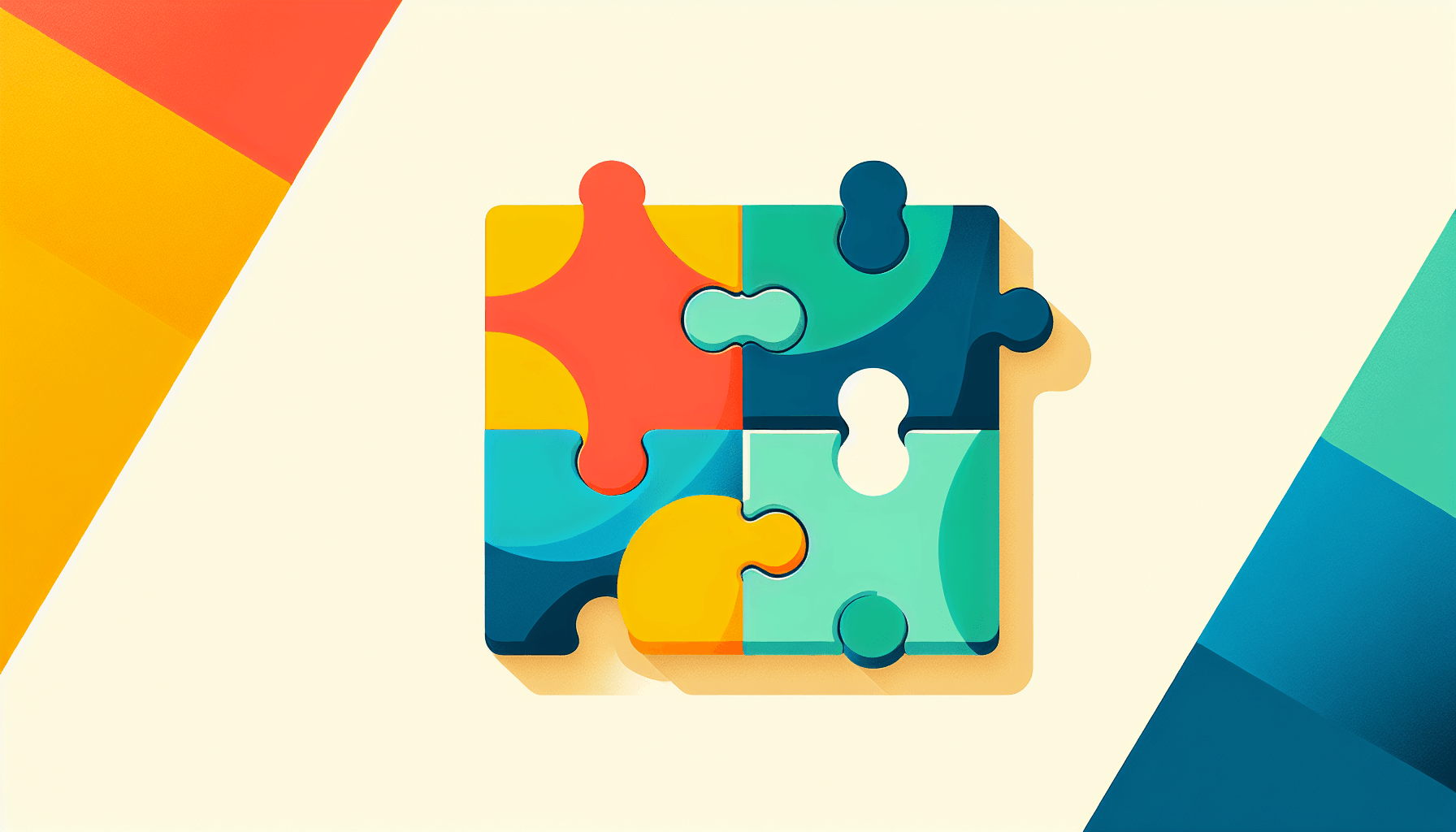 Collaboration Tools -> Puzzle pieces in flat illustration style and white background, red #f47574, green #88c7a8, yellow #fcc44b, and blue #645bc8 colors.