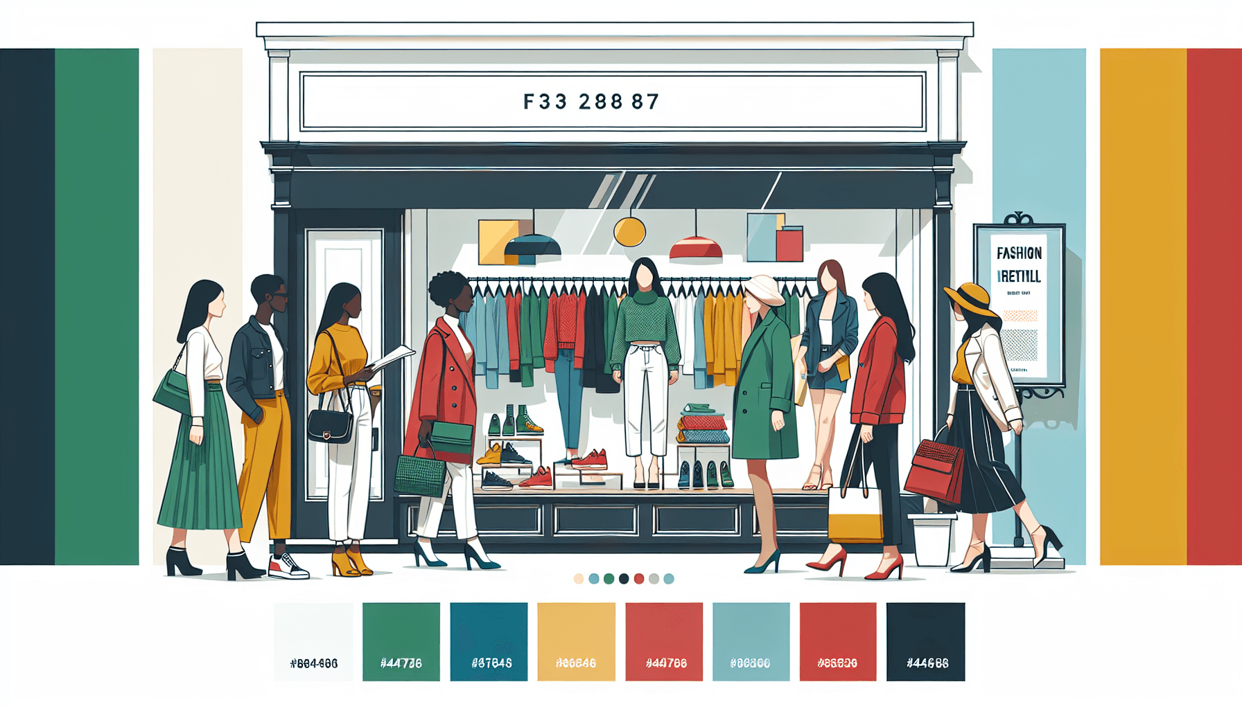 Fashion retailer in flat illustration style and white background, red #f47574, green #88c7a8, yellow #fcc44b, and blue #645bc8 colors.